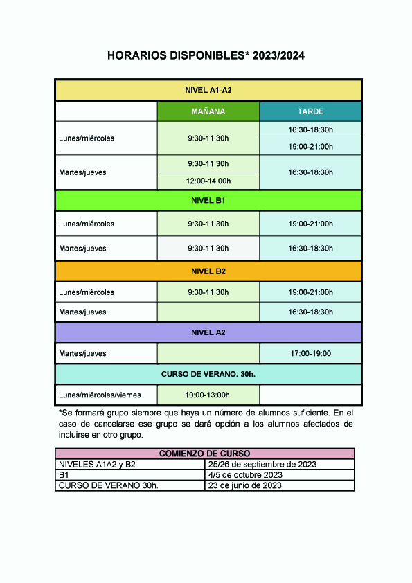 Horarios disponibles de LSE 2023/2024 FeSorCam